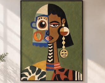 Dipinto astratto di donna ad olio, ritratto femminile cubista, arte murale boho verde oliva, decorazione su tela figurativa geometrica dipinta a mano