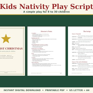 May include: A digital nativity play script for children titled The First Christmas, featuring a gold star graphic, director's notes, and script pages. The document includes text for 8 to 30 children, ages 4 to 12, with a 10-minute runtime.