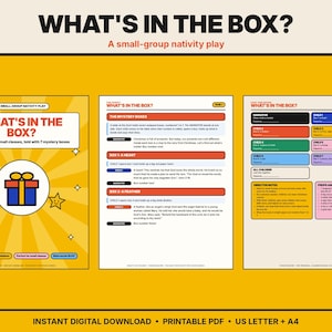 May include: A digital nativity play script titled What's in the Box? featuring a yellow cover with a gift icon, a page detailing mystery boxes, and a page listing character roles, props, and costumes for a small group of children.