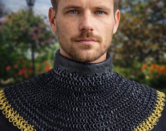 Medieval Black Chainmail Collar with Gold Trim – Handmade Armor by ChainmailKingdom