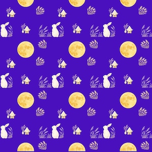 Japanese Tsukimi Rabbit Digital Paper, Moon Bunny Seamless Pattern, Japanese Autumn, Kawaii Fall Scrapbook Paper
