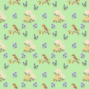 Japanese Bird and Autumn Flowers Digital Paper, Mozu Shrike Seamless Pattern, Botanical Fall Scrapbook Paper