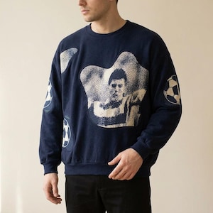 Upcycled Soccer Sweatshirt, Navy Patchwork Crewneck Pullover, Reworked Woven Graphic Patches, One of a Kind Unisex Streetwear