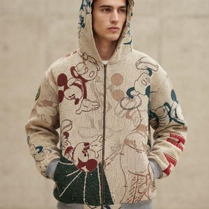 Tapestry Zip-Up Hoodie, Retro Cartoon Print Jacka, Omarbetad Vävd Streetwear, Unisex