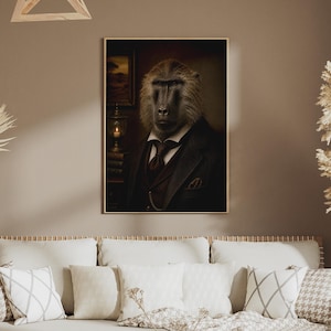 May include: A framed portrait of a baboon dressed in a dark suit, white collared shirt, and a dark tie. The baboon is depicted in a dimly lit room with a small lamp and a framed picture in the background, rendered in a realistic, painterly style.