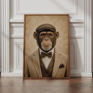 May include: A framed portrait of a chimpanzee wearing a brown tweed flat cap, a tan blazer, a brown plaid vest, a white collared shirt, and a brown bow tie. The chimpanzee has a gold monocle over its left eye and a pocket square in the blazer.