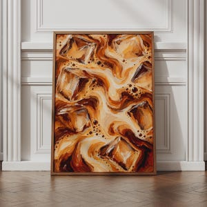 May include: A rectangular framed wall art piece featuring an oil painting of iced coffee. The composition displays swirling layers of dark brown coffee and creamy white milk mixed with translucent, angular ice cubes and small dark bubbles.