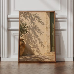 Può includere: Una stampa artistica rettangolare incorniciata che raffigura una parete in stucco beige, una porta verde e un grande vaso in terracotta con un piccolo albero. L'immagine mostra lunghe ombre scure proiettate dal fogliame sulla parete e sul suolo.