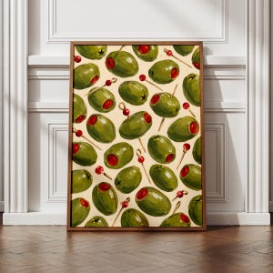 Wandbild „Grüne Oliven“, Poster „Gemalte Pimento-Oliven“, Martini-Cocktail-Küchendekoration, Barwagen