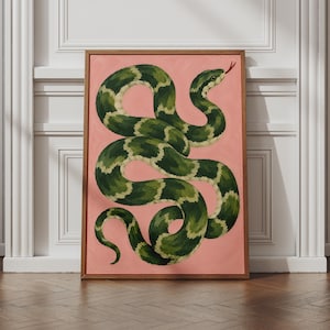 May include: A rectangular framed wall art piece featuring a painting of a coiled snake with dark green and light green patterned scales against a solid pink background. The snake is depicted in a winding position with its head raised and tongue out.