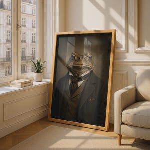 May include: A framed portrait print featuring a toad dressed in a dark suit, a brown vest, and a dark necktie. The toad has a textured, mottled brown and green skin appearance. The portrait is enclosed in a simple, light-colored wooden frame.