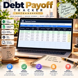 May include: A digital debt payoff tracker spreadsheet displayed on a laptop screen, featuring columns for payment dates, debt names, balances, and interest. A ceramic mug with text and a notebook with handwritten notes sit on a wooden desk.