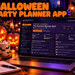 以下が含まれることがあります： ハロウィーンパーティー企画アプリのダッシュボードを表示したノートパソコン。ダークモードのインターフェースには、「The Haunted Mansion Bash」のイベント詳細、カウントダウンタイマー、予算、ゲスト数、タスクリストが表示されています。