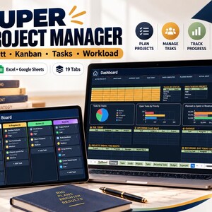 Super-Projektmanager-Tabellenkalkulation: Gantt-Diagramm, Kanban-Board, Aufgabenverfolgung, Excel- und Google-Tabellen