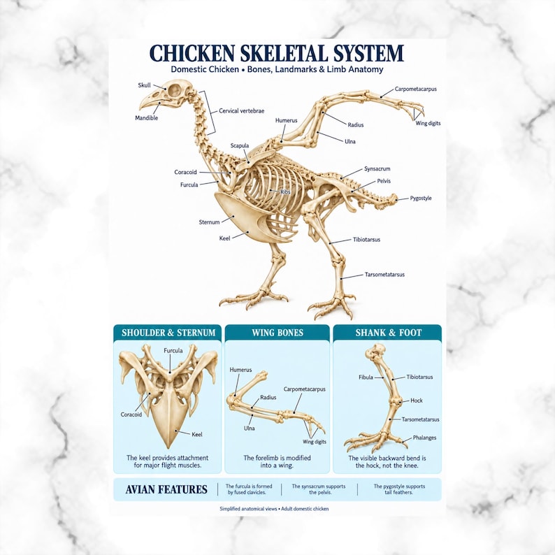 Chicken Skeletal System Anatomy Poster, Avian Bones & Wing Anatomy ...
