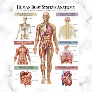May include: An educational poster titled Human Body Systems Anatomy featuring a central human figure split into skeletal, muscular, and organ views. Surrounding panels detail the skeletal, nervous, muscular, respiratory, digestive, and cardiovascular systems with labeled parts.