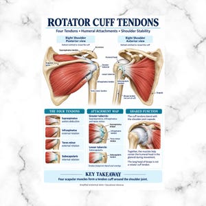 May include: An educational medical poster titled Rotator Cuff Tendons featuring anatomical illustrations of the right shoulder in posterior and anterior views, with labels for muscles, tendons, and joint functions, plus a key takeaway section.