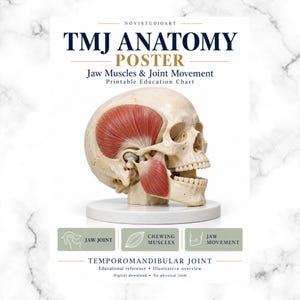 May include: An educational poster titled TMJ ANATOMY POSTER Jaw Muscles & Joint Movement. It features a human skull model with highlighted red jaw muscles, resting on a white base. Includes text labels for Jaw Joint, Chewing Muscles, and Jaw Movement.