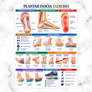 May include: A white educational poster titled Plantar Fascia Exercises featuring anatomical diagrams of the foot, illustrations of mobility, stretching, and strengthening exercises, self-massage techniques, and tips for proper footwear.