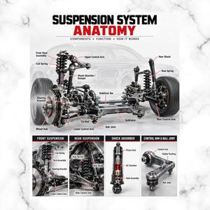 Puede incluir: Un póster educativo titulado SUSPENSION SYSTEM ANATOMY que presenta un diagrama detallado de los componentes de la suspensión del vehículo, incluyendo resortes helicoidales, amortiguadores, brazos de control y manguetas de dirección.