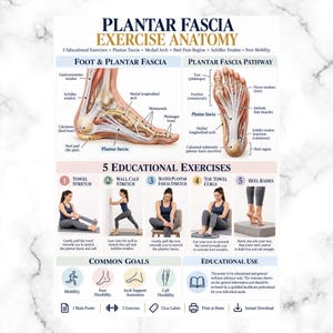 Plantar fasciaövningsanatomiposter, fotstretchdiagram, väggkonst för sjukgymnastik, utskrivbar fotvård