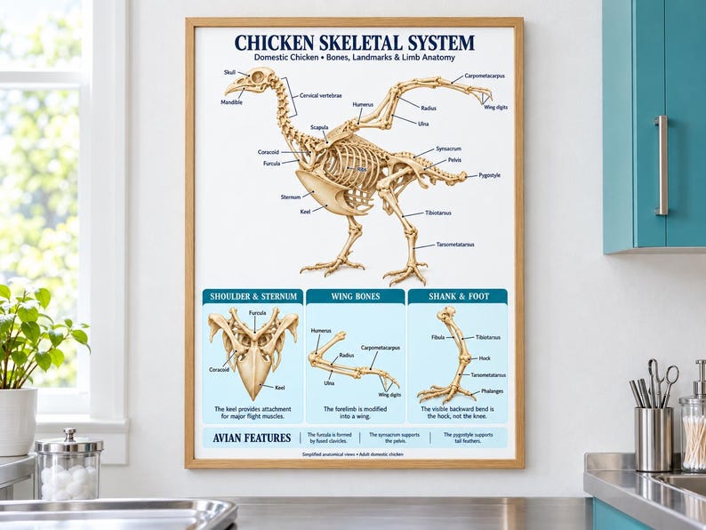 Chicken Skeletal System Anatomy Poster, Avian Bones & Wing Anatomy ...