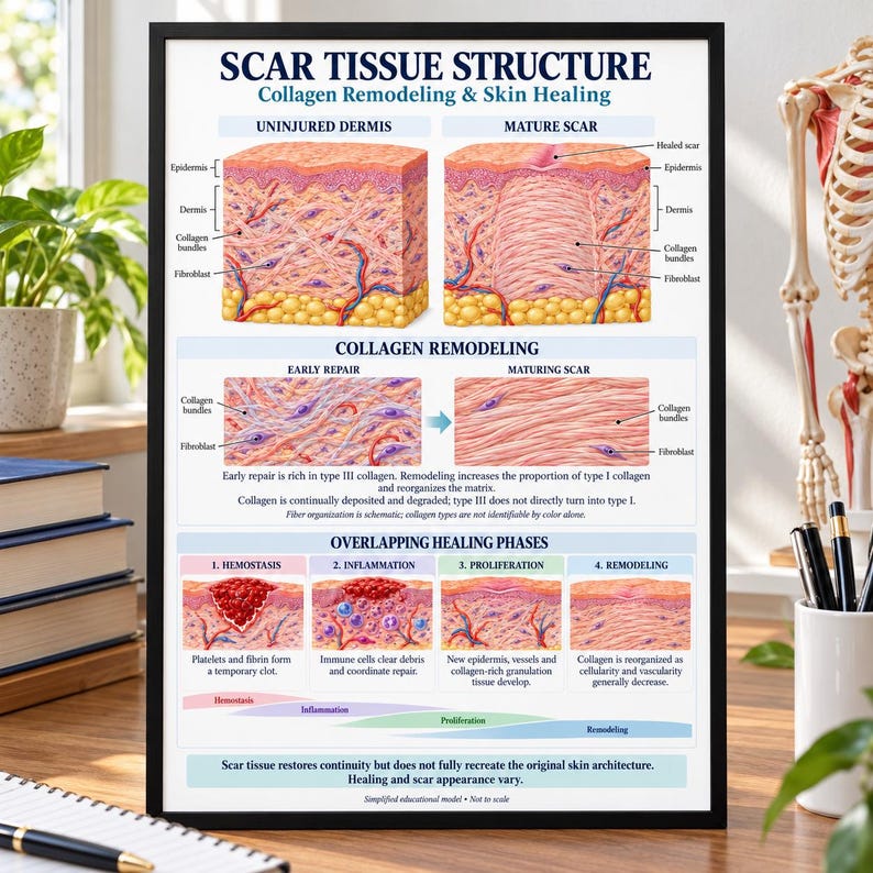Scar Contraction Scar Tissue Anatomy Poster, Collagen Remodeling & Skin Healing Phases ...