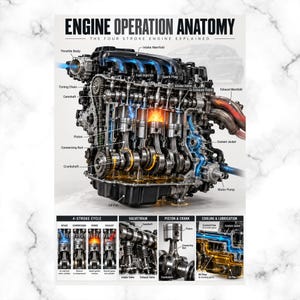 Puede incluir: Un póster educativo titulado Engine Operation Anatomy: The Four Stroke Engine Explained. Muestra una sección transversal detallada de un motor de combustión con piezas etiquetadas como pistones, cigüeñal y válvulas, además de ciclos de 4 tiempos.