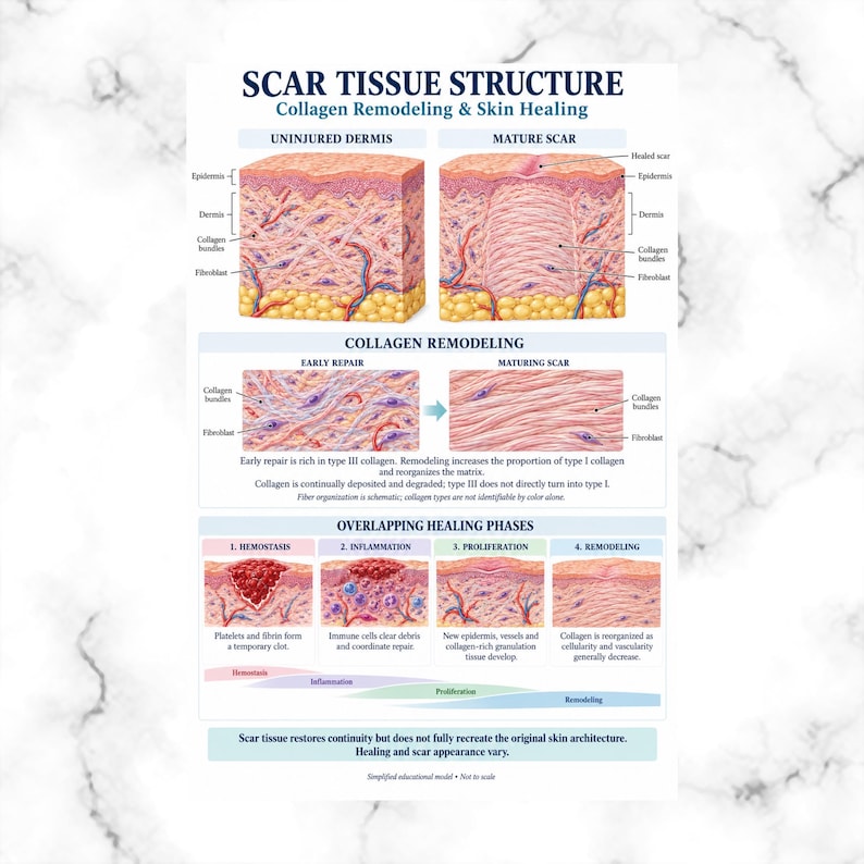 Scar Contraction Scar Tissue Anatomy Poster, Collagen Remodeling & Skin Healing Phases ...