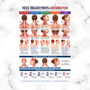 May include: An educational poster titled Neck Trigger Points & Referred Pain, featuring anatomical diagrams of human neck muscles, trigger point locations, and red-shaded referred pain patterns for various muscle groups and common symptoms.