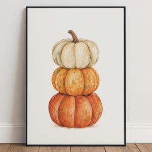 Stacked Pumpkins Art Print, Autumn Wall Art, Fall Botanical Poster, Orange Cream Harvest Decor