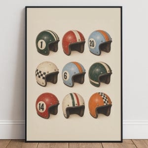 Vintage Racing Helmets Poster, Retro Motorsport Wall Art, Classic Race Car Print