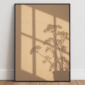 Botanical Shadow Wall Art, Warm Beige Floral Poster, Minimalist Window Light Print