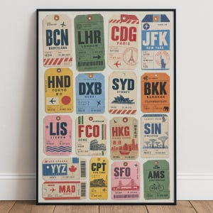 Vintage Luggage Tag Travel Poster, World Cities Airport Code Wall Art Print