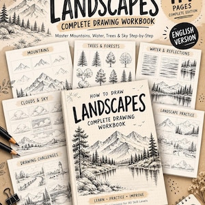 30-Day Sketching Practice bundle, Landscape Drawing Workbook, How To Draw Mountains Water Trees Rocks Clouds, Beginner Drawing Excersises