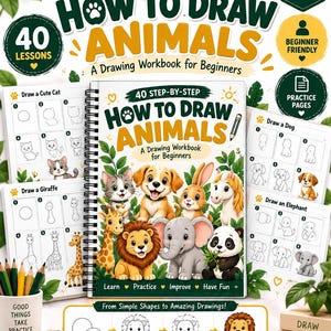 Può includere: Un quaderno di esercizi di disegno a spirale intitolato 40 Step-by-Step How to Draw Animals. La copertina presenta illustrazioni di gatto, cane, coniglio, cavallo, giraffa, leone, elefante e panda. Include pagine di pratica per disegnare animali.