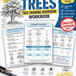 May include: A tree drawing workbook featuring 50 printable pages with step-by-step guides, practice exercises, and lessons on trunk construction, foliage clusters, and tree types. Includes two pencils and a yellow sticky note with handwritten text.