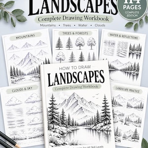 30-Day Sketching Practice bundle, Landscape Drawing Workbook, How To Draw Mountains Water Trees Rocks Clouds, Beginner Drawing Excersises