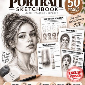 May include: The Beginner's Portrait Sketchbook with 50 pages features a detailed pencil drawing of a person with hair in a bun. The cover includes instructional inserts titled Find the Basic Head Shape, Draw a Smile, Shade the Nose, and Draw a Surprised Expression, along with a pencil and an eraser labelled Good Art Brighter You.