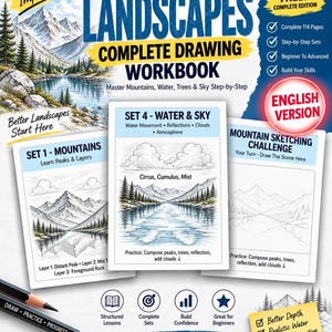 Może przedstawiać: Ćwiczeniówka do rysowania How to Draw Landscapes zawierająca 114 stron lekcji rysowania gór, wody i nieba krok po kroku. Okładka przedstawia zestawy ćwiczeń, ilustrację gór oraz ołówek z napisem Draw Practice Progress.