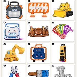 May include: A collection of twelve cartoon-style construction tool clipart illustrations labelled with numbers one through twelve, featuring items like a jobsite radio, orange barrier, bulldozer, power bank, tool belt, hex keys, excavator, generator, and hardware.