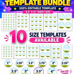 Puede incluir: Un paquete de plantillas para chapas con 10 tamaños que van desde 1 pulgada hasta 4 pulgadas. La imagen incluye el texto BUTTON PIN TEMPLATE BUNDLE, 100% EDITABLE TEMPLATE, 8.5 inch x 11 inch SHEET SIZE y 10 SIZE TEMPLATES AVAILABLE sobre un fondo azul.