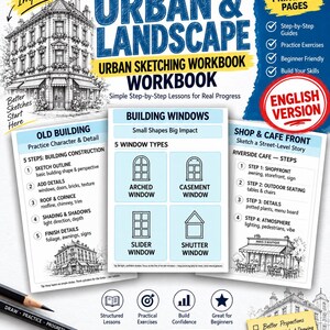 Peut inclure: Un cahier d'exercices de croquis urbain de 40 pages proposant des leçons étape par étape sur le dessin de bâtiments, de fenêtres et de devantures de magasins. La couverture présente du texte pédagogique, des illustrations et des icônes.