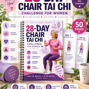 May include: A spiral-bound 28-Day Chair Tai Chi Challenge guide featuring a person in a pink long-sleeve shirt and purple leggings performing exercises on a chair. The cover includes text, floral graphics, and icons for daily exercises and trackers.