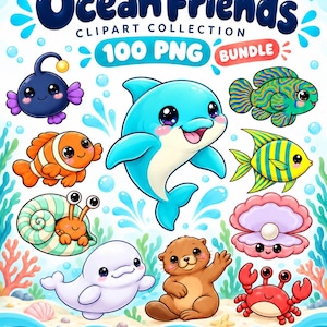 Pakiet 100 clipartów z oceanicznymi zwierzętami w formacie PNG, urocze kreskówkowe stworzenia morskie, podwodne życie morskie, naklejki do druku, pobieranie cyfrowe