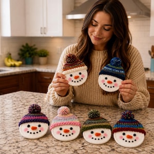 Puede incluir: Seis adornos de muñeco de nieve tejidos a ganchillo, con caras blancas, ojos y bocas bordados en negro, narices naranjas y mejillas rosadas. Cada muñeco lleva un gorro de ganchillo multicolor único rematado con un pequeño pompón a juego.