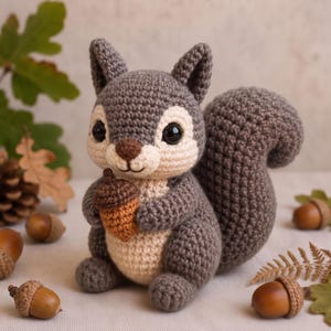 May include: A gray and cream-colored crocheted squirrel plush toy with large black eyes and a brown nose. The squirrel is holding a small, textured brown acorn in its front paws and has a large, bushy crocheted tail extending behind it.