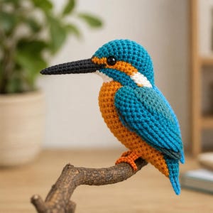 Op de afbeelding: Een gehaakt ijsvogelbeeldje met een lange zwarte snavel, een felblauwe kop en vleugels, een oranje borst en buik, en een klein wit vlekje bij het oog. De vogel zit op een getextureerde bruine tak en heeft een donker oog.