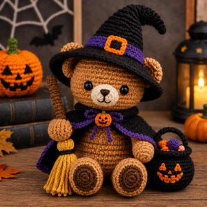 May include: A crocheted brown teddy bear wearing a black witch hat with a purple band and orange buckle, and a black cape with purple trim and a small pumpkin charm. The bear holds a yellow broom and sits next to a black jack-o'-lantern bucket.