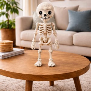 May include: A cream-colored crocheted skeleton figurine featuring a rounded skull with large black plastic eyes, a stitched mouth, and a detailed rib cage structure. The yarn-based figure stands upright with articulated limbs and defined finger and toe details.